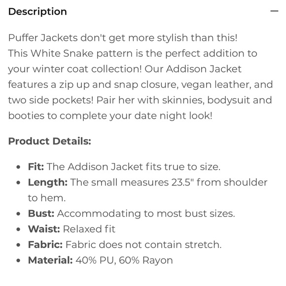 Buddy Love Addison Puffer Snake Skin Jacket, zip and snap print - Picture 11 of 11